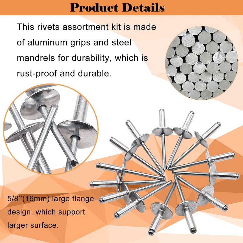 Sunxeke 100pcs Aluminum Large Flange Blind Rivets, 3/16 x 3/8 inch, Flange Diameter 5/8 inch(16 mm), Pop Rivets Assortment Kit Blind Rivet by Bolt Dropper, Grip Range(3-6mm) - Image 4